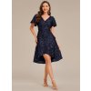Plesové šaty tmavě modré krátké flitrové s asymetrickým střihem a rukávem – Ever Pretty EE02401NB