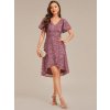 Společenské šaty starorůžové orchidejové krátké flitrové s asymetrickým střihem a rukávem – Ever Pretty EE02401OD