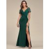 Večerní šaty smaragdově zelené dlouhé s rozparkem a flitry – Ever Pretty EM01669DG