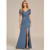Večerní šaty modrošedé dlouhé s rozparkem a flitry – Ever Pretty EM01669DN