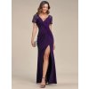 Večerní šaty fialové dlouhé s rozparkem a flitry – Ever Pretty EM01669DP