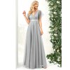 Šaty na svatbu šedé dlouhé tylové s krátkým rukávem a áčkovým střihem – Ever Pretty EP07962GY