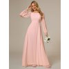 Šaty na svatbu dlouhé růžové šifonové s dlouhým rukávem – Ever Pretty ES0106BPK, prodává Modion.cz