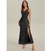 Šaty na svatbu černé dlouhé flitrové s rozparkem – Ever Pretty EE02548BK