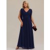 Šaty na svatbu dlouhé tmavě modré šifonové s květinovými aplikacemi na ramenou – Ever Pretty EE02580NB
