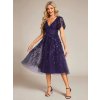Společenské šaty midi fialové tylové s hlubokým výstřihem – Ever Pretty EG02230DP