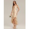 Společenské midi šaty zlatá šampaň – model (detail asymetrické sukně s volánem)