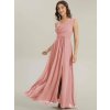 Společenské dlouhé šaty pudrově růžové – Christiana (pohled zepředu s rozparkem)