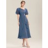 Společenské midi šaty modrošedé – Solenne (pohled zepředu)