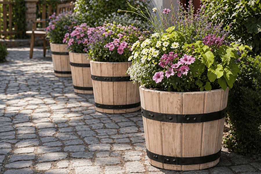 Dřevěné vědro v zahradě