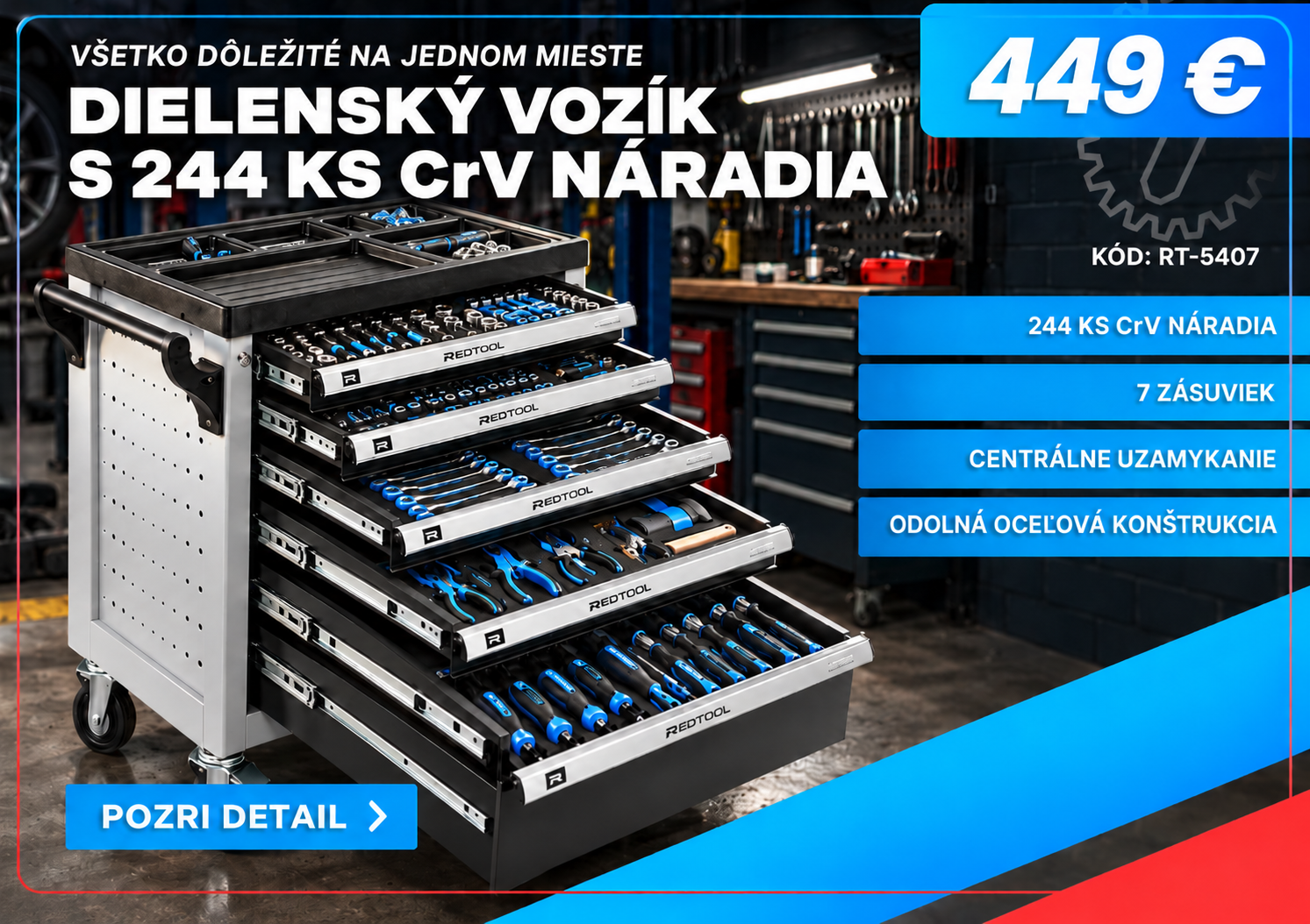 Dielenský vozík Redtool s 244 ks CRV náradia