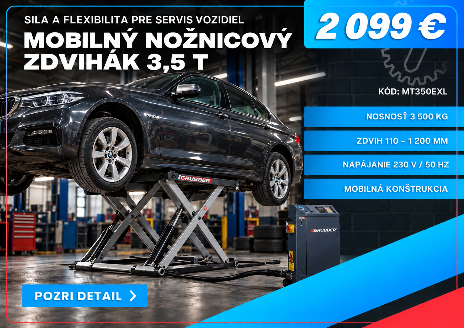 Mobilný nožnicový zdvihák GRUBBER MT350EXL nízkozdvižný 3,5 t