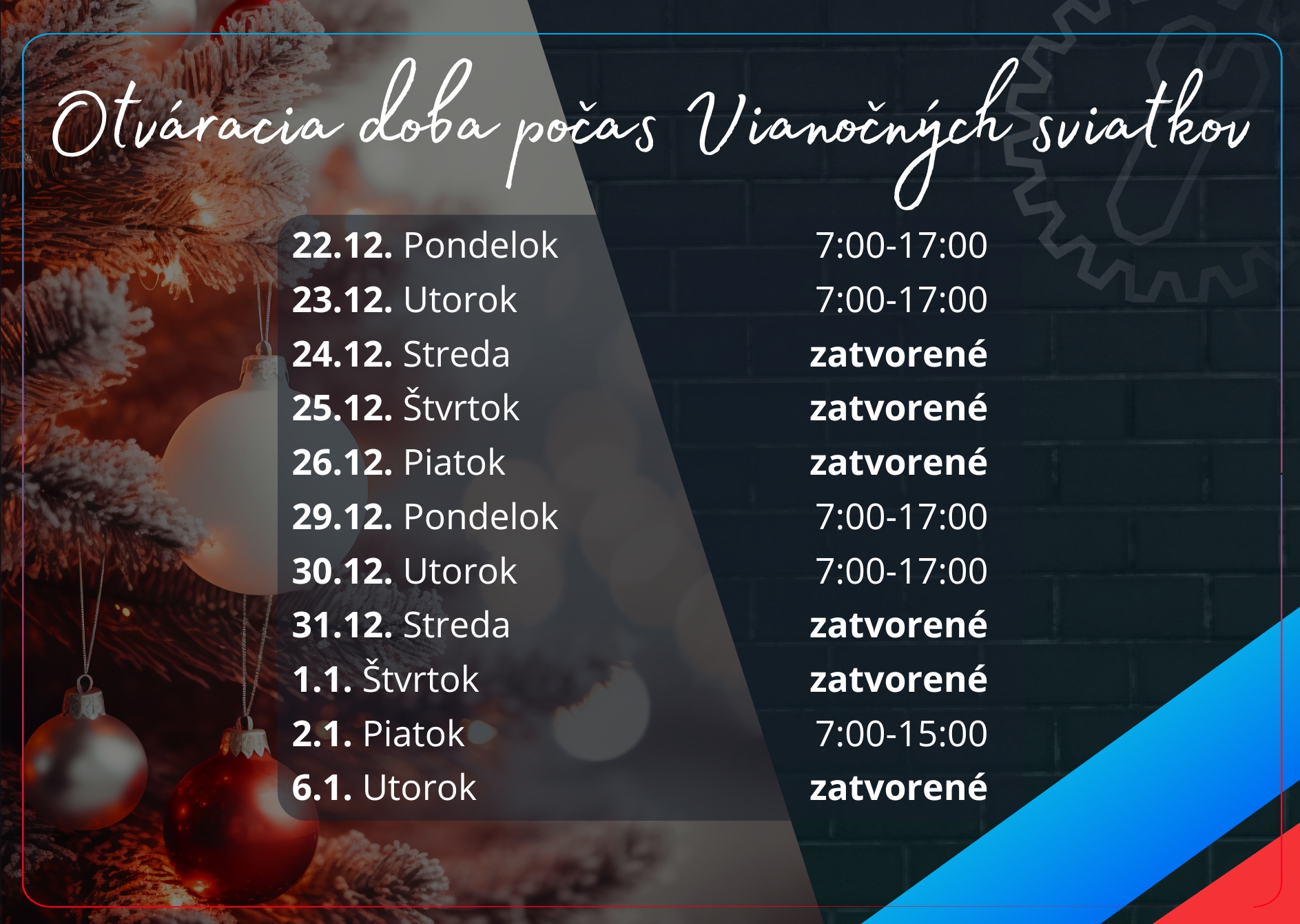 Otváracia doba počas sviatkov