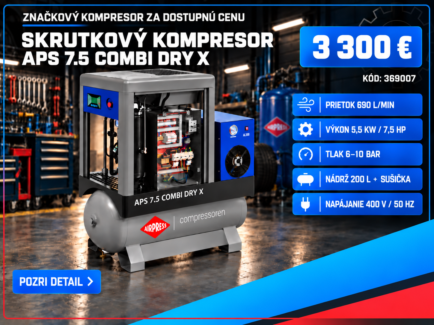 Skrutkový kompresor APS 7.5 Combi Dry X 10 bar 7.5 KM/5.5 kW 690 l/min 200 l