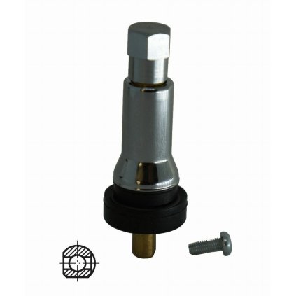 Gumový ventil TPMS pre snímač OEM Schrader TR413, úplne nový s chrómovou čiapočkou - DVE ODDELENÉ ČASTI (ventil a alu čiapočka) 562-3911C
