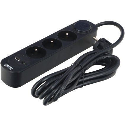 FASTER TOOLS čierny predlžovací kábel s 3 zásuvkami 3,0 m s prepínačom USB-A/USB-C EFT346-25