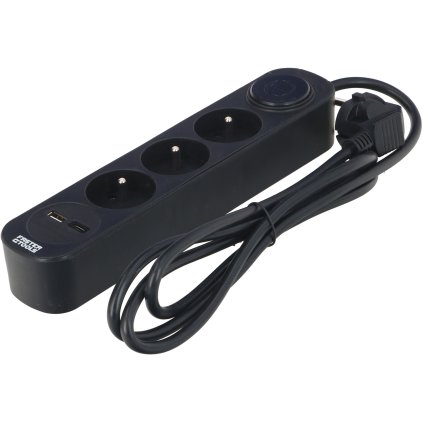 FASTER TOOLS čierny predlžovací kábel s 3 zásuvkami 1,5 m s prepínačom USB-A/USB-C EFT346-24