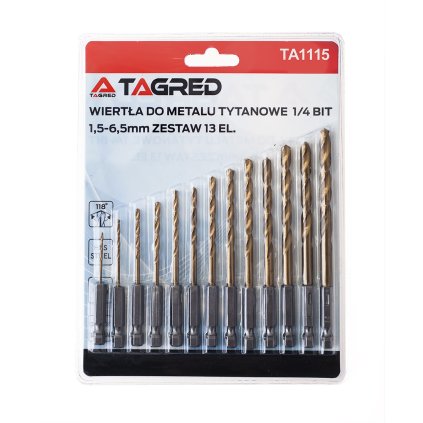 Titánové vrtáky, dvojito brúsené HSS 1,5 - 6,5 mm 13 ks BIT HEX 1/4&apos;&apos; TA1115