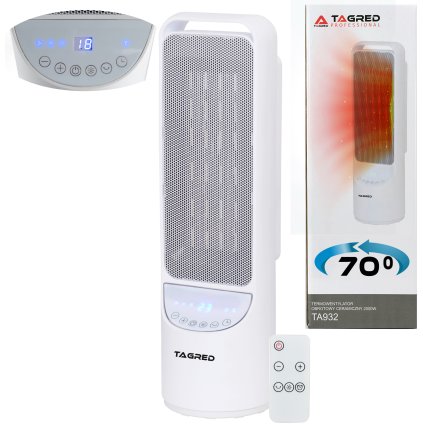 Stĺpový termo ventilátor, ohrievač ventilátora, elektrický rotačný ohrievač, keramický ohrievač TAGRED, diaľkové ovládanie, výkon 2000W TA932