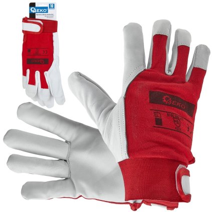Montážne kožené pracovné rukavice červené Kozia koža - suchý zips r.10 (12/48) G73557
