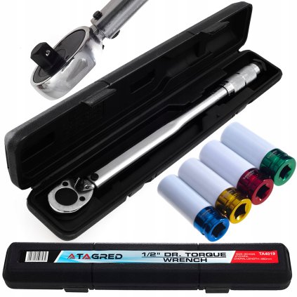 Dynamometrický kľúč 1/2” 480mm 42-210Nm 20kg s poistkou, pre kolesá plus 4 nástrčné hlavice TA4019TA1254