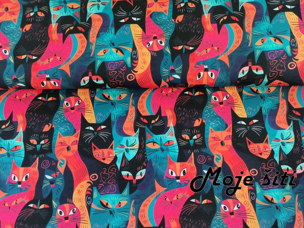 Bavlněná teplákovina  -  Abstraktní kočky II. JAKOST