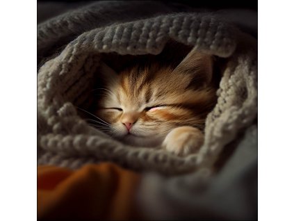 cute kitten with striped fur sleeping blanket generative ai