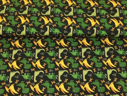 Bavlněná teplákovina  -  Žlutí a zelení dinosauři