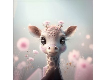Žirafa s růžovými květinami 20x20