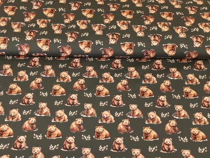 Bavlněný úplet s elastanem - Akvareloví medvídci na hnědé 190g