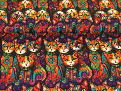 Bavlněná teplákovina  -  Kočky s ornamenty
