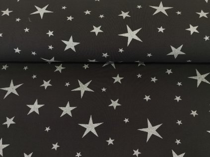 Teplákovina s elastanem Stříbrné vánoční hvězdy na černé
