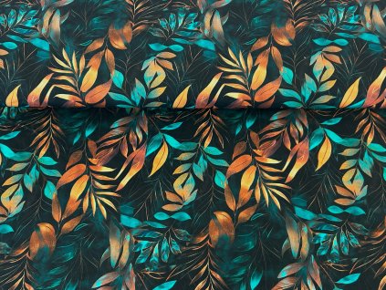 Bavlněná teplákovina  -  Zlaté a tyrkysové listy
