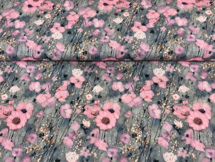 Bavlněná teplákovina  -  Malované kvítí II. JAKOST