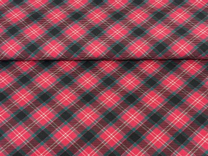 Bavlněný úplet s elastanem - Tartan vínový 190g