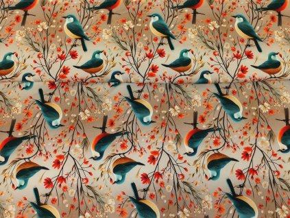 Bavlněný úplet s elastanem - Ptáček v trní béžový 190g