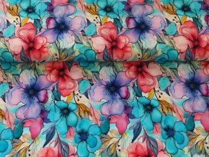 Bavlněná teplákovina  -  Květy v pastelových barvách