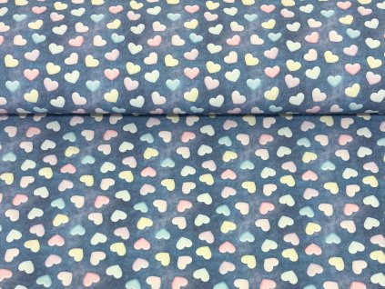 Zimní  softshell - Pastelová srdíčka na tmavě modré VADA