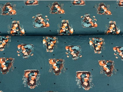 Bavlněná teplákovina  -  Dívka s liškou a puntíky II. JAKOST