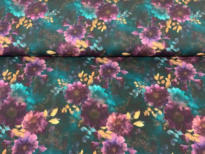 Bavlněná teplákovina  -  Švestkově fialové pivoňky II. JAKOST