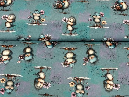 Bavlněná teplákovina  -  Ptáčci a květinky II. JAKOST