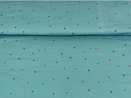 Bavlněný úplet s elastanem - Malá barevná srdíčka 190g II. JAKOST