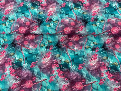 Bavlněný úplet s elastanem - Růžové jeřabiny 190g 1,5m II. JAKOST