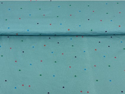 Bavlněný úplet s elastanem - Malá barevná srdíčka 190g II. JAKOST