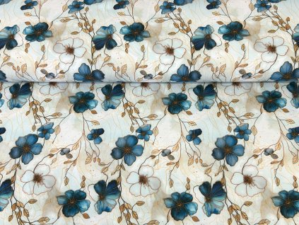 Jarní softshell  Modré a bílé kvítky se zlatým okrajem