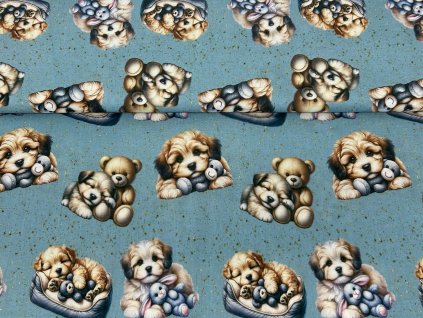 Bavlněný úplet s elastanem - Pyžamková štěňátka 190g