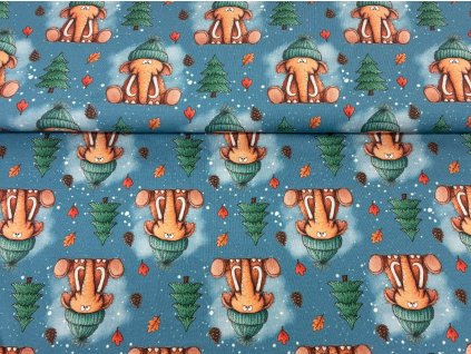 Bavlněná teplákovina  -  Mamuti v čepičkách