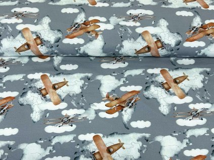 Bavlněný úplet s elastanem - Letadla na mapě 190g