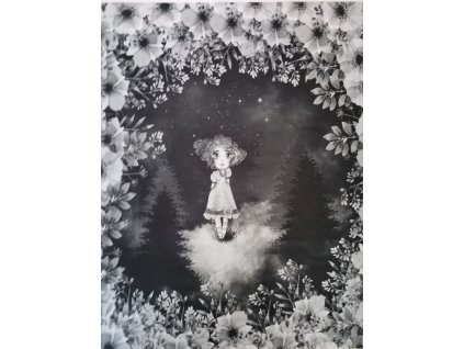 Dívka v lese černobílá lese 48x58cm prémiová počesaná teplákovina