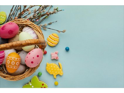 flat lay easter eggs basket with bunny butterfly shapes